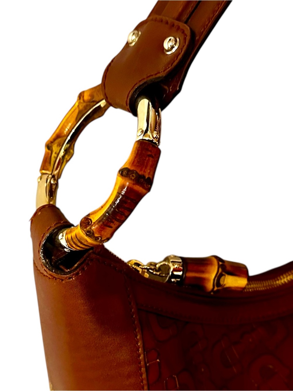 Gucci Rich Brown Horsebit Embossed Leather Shoulder Hobo Bag Bamboo-Ring Detail - Picture 6 of 17